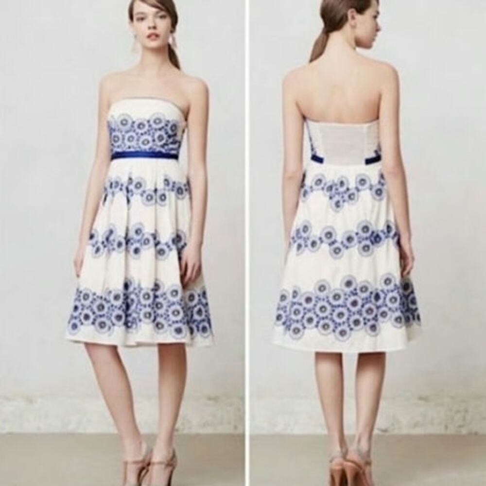 Anthropologie Moulinette Soeurs strapless eyelets white blue dress size 4